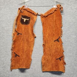 Texan Longhorn Cowboy Cowgirl Country Western suede leather chaps fringe unisex